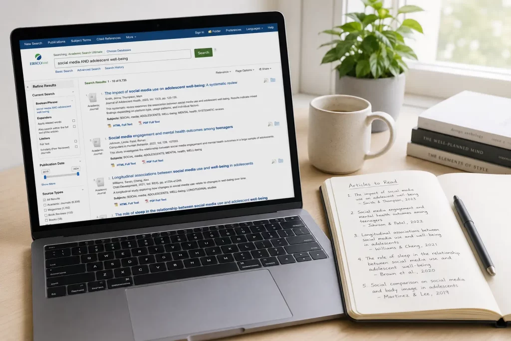 Wyszukiwanie materiałów naukowych na laptopie