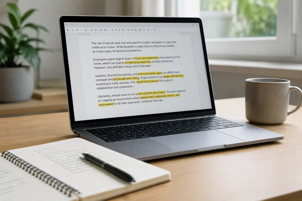 Redagowanie tekstu z licznymi nominalizacjami na laptopie