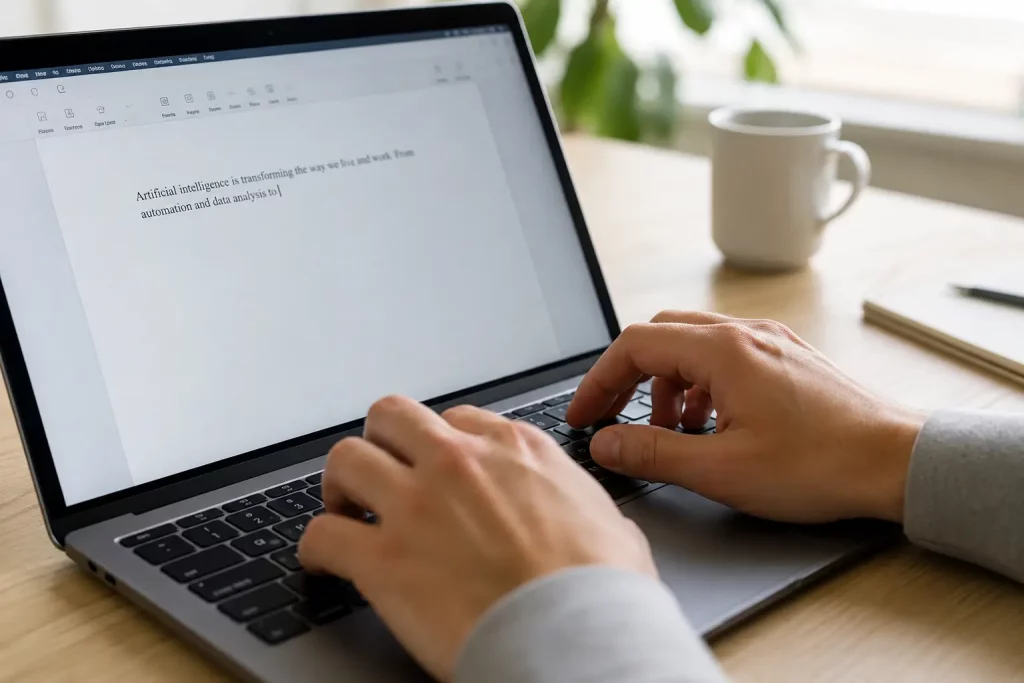 ręce na klawiaturze laptopa, na ekranie widoczny dokument tekstowy z pierwszym napisanym zdaniem