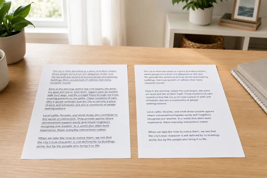 dwa wydrukowane fragmenty tekstu leżące jeden pod drugim, z zaznaczonymi różnicami w konstrukcji zdań