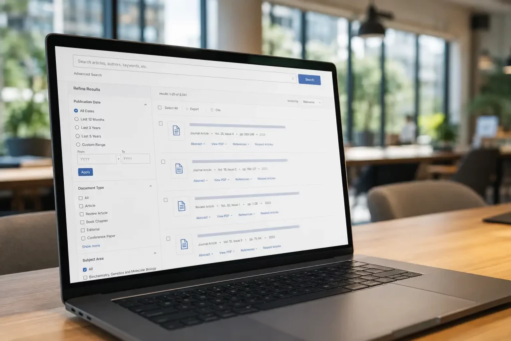  Ekran laptopa z otwartą stroną internetową bazy czasopism naukowych, widziany z perspektywy zza ramienia siedzącego użytkownika w jasnej przestrzeni coworkingowej.