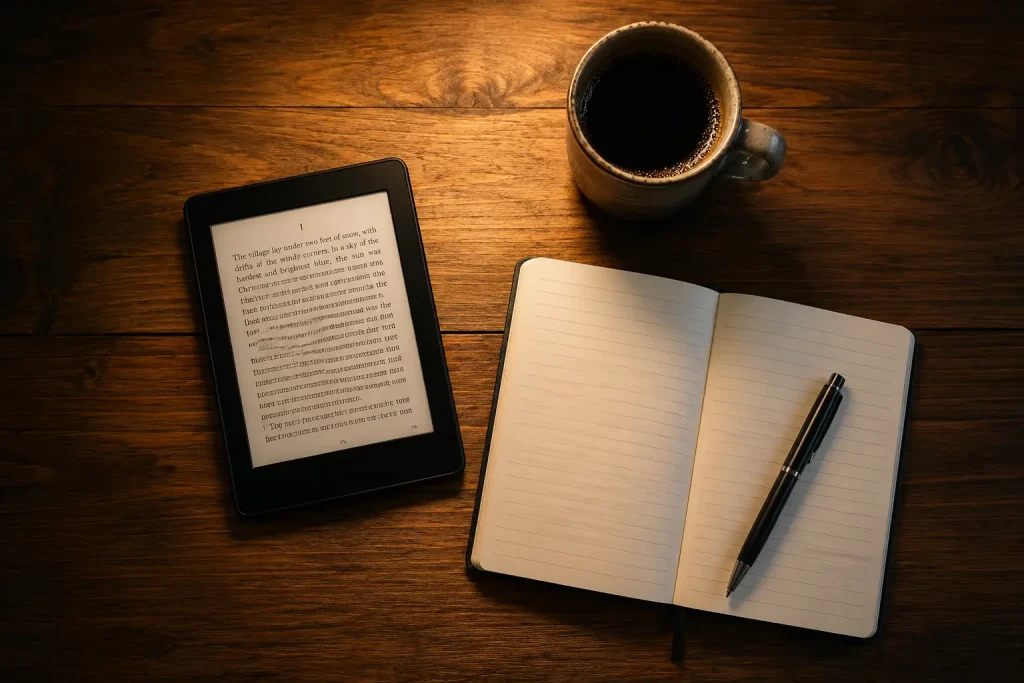 Czytnik e-booków leżący na biurku obok otwartego notatnika i kubka kawy, widziany z góry pod kątem