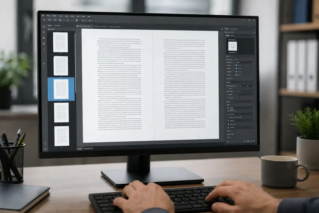 Zbliżenie na ekran komputera stacjonarnego pokazujący interfejs programu do edycji pliku EPUB, dłonie na klawiaturze widoczne w dolnej części kadru, chłodne biurowe oświetlenie