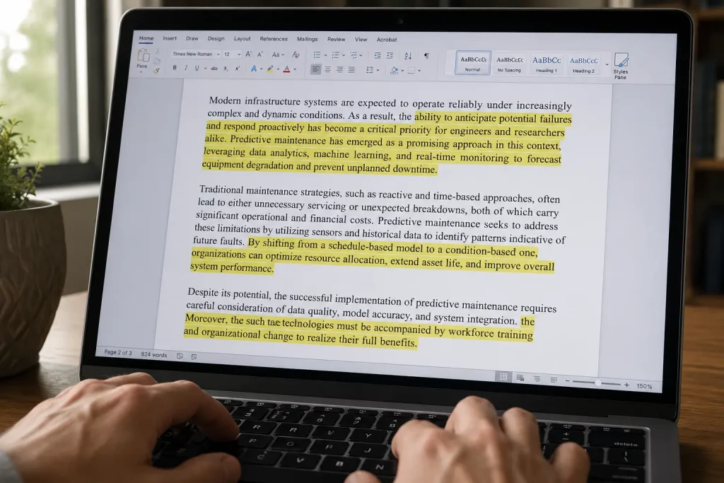 Zbliżenie na ekran laptopa z otwartym dokumentem tekstowym, widoczne długie zdania zaznaczone kolorem, dłonie na klawiaturze w dolnym rogu, boczne okienne światło.