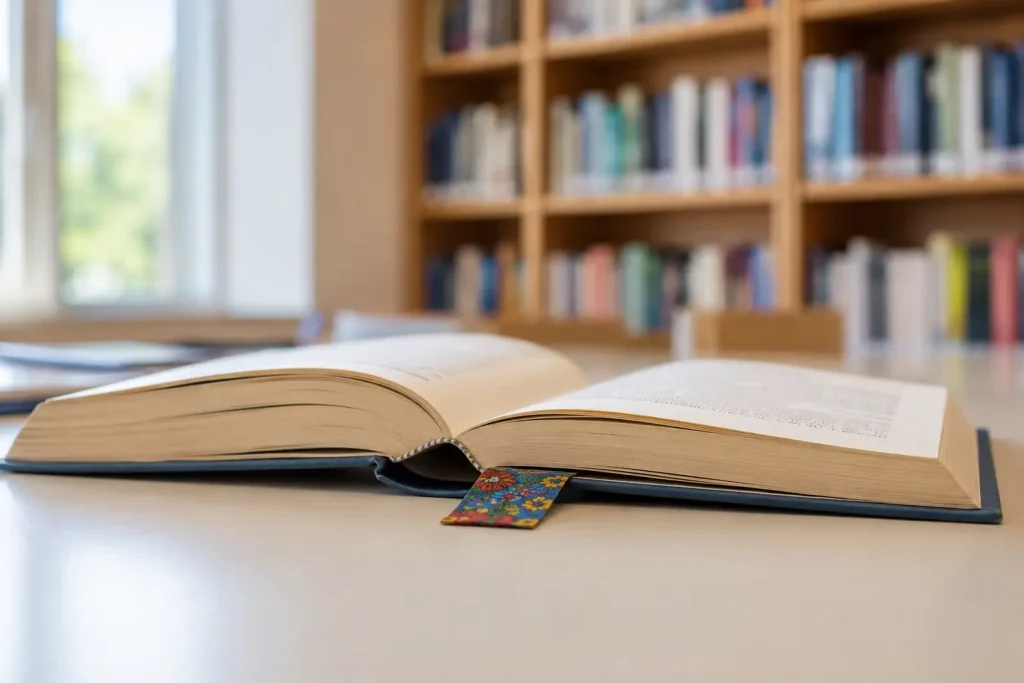 Widok z boku na otwartą książkę z zakładką sterczącą w połowie strony, leżącą na jasnym blacie przy oknie w bibliotece. 