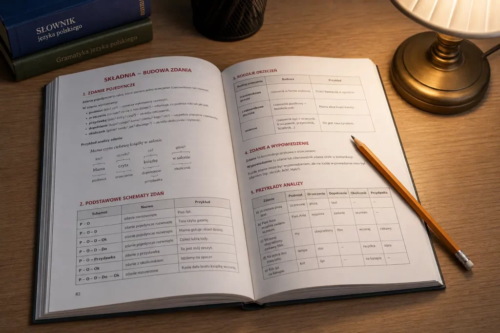 Strona podręcznika do gramatyki języka polskiego otwarta na rozdziale o rodzajach zdań, z widocznymi tabelami i przykładami, fotografowana z góry pod kątem na drewnianym blacie.