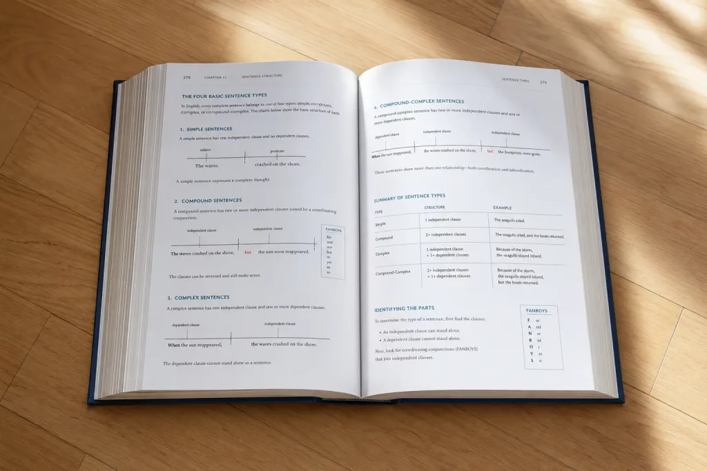 Widok z góry na otwartą gramatykę języka polskiego leżącą na podłodze z jasnego parkietu, strony z tabelami i przykładami schematów zdań, naturalne światło z boku.