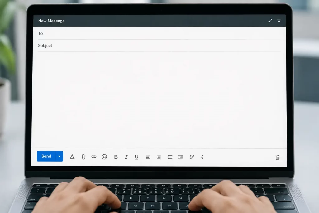 Zbliżenie na ekran laptopa z otwartym oknem pisania e-maila, kursor ustawiony na początku wiadomości, klawiatura laptopa widoczna w dolnej części kadru, chłodne biurowe oświetlenie.