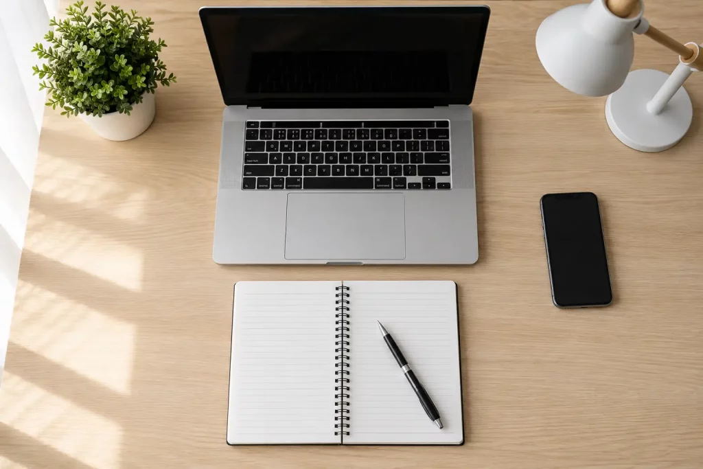Widok z góry na otwarte biurko studenta z notatnikiem, długopisem i telefonem leżącym obok laptopa, na ekranie laptopa widoczna otwarta przeglądarka, naturalne dzienne światło z okna po lewej