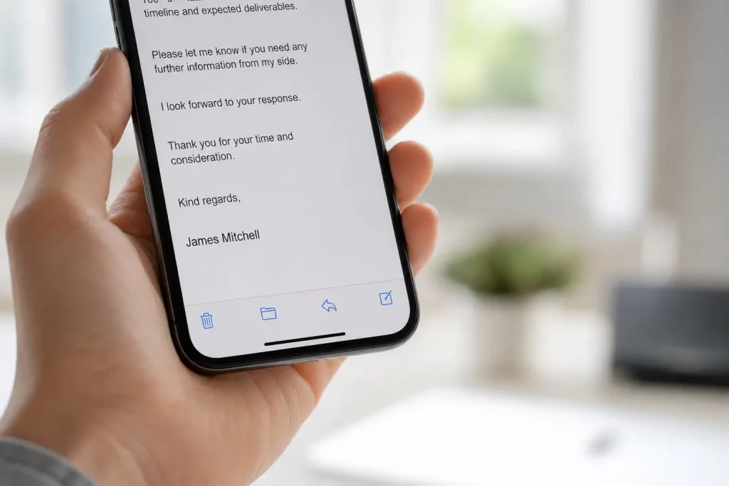 Zbliżenie na ekran smartfona z otwartą aplikacją pocztową i widocznym końcem wiadomości e-mail z formułą pożegnalną i podpisem, telefon trzymany w dłoni, rozmyte jasne tło.