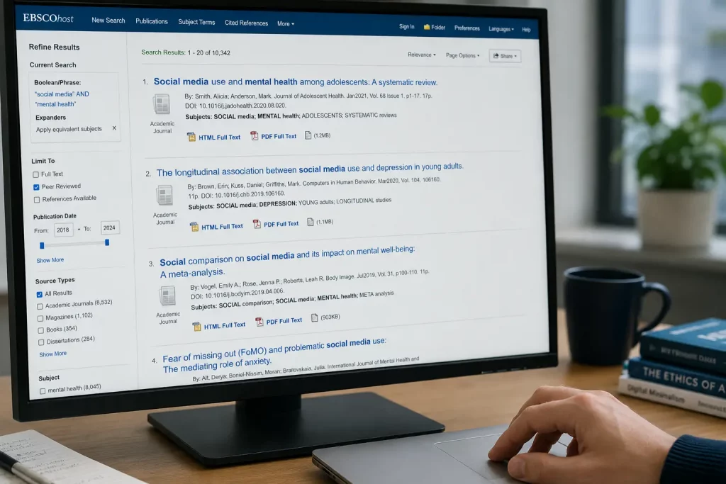 Zbliżenie na ekran komputera z otwartą bazą artykułów naukowych i widocznym wynikiem wyszukiwania, dłoń na touchpadzie w dolnym rogu kadru, chłodne biurowe oświetlenie.