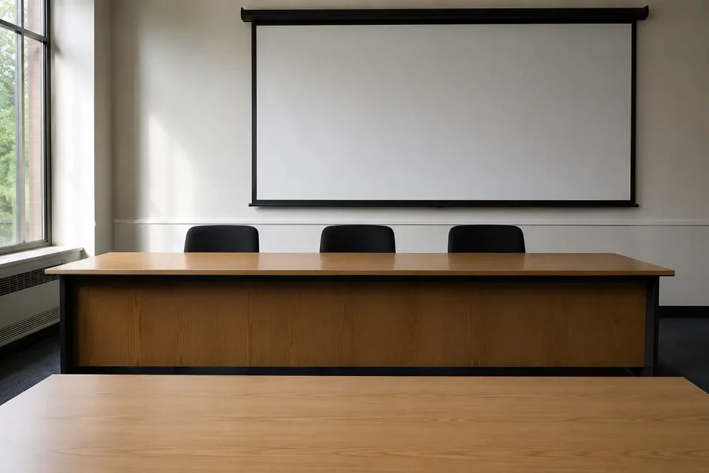 Pusta sala egzaminacyjna z prostokątnym stołem komisji i pojedynczym krzesłem naprzeciwko, widziana od strony krzesła studenta – perspektywa "z oczu studenta".