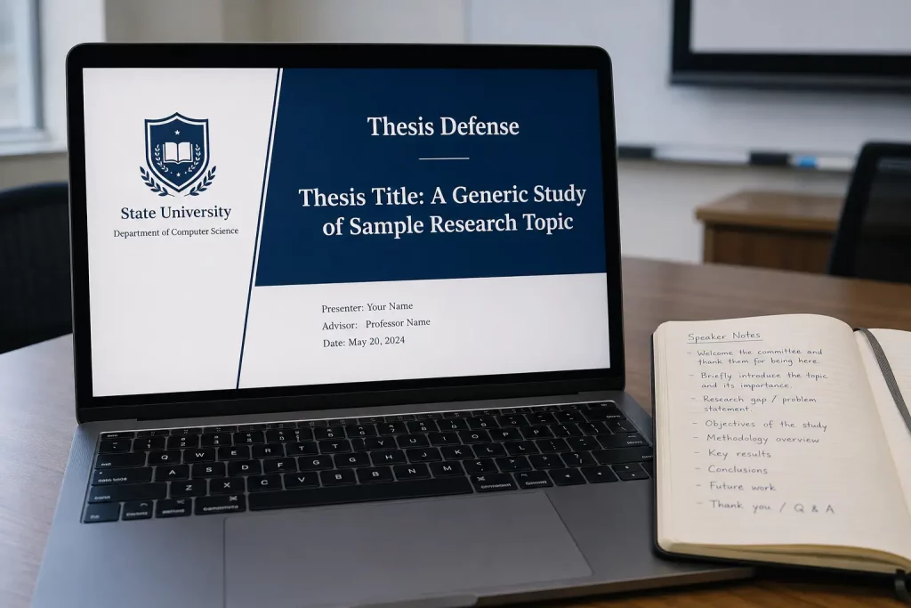 Zbliżenie na slajdy prezentacji PowerPoint wyświetlone na ekranie laptopa – widoczna strona tytułowa z tytułem pracy i numerem slajdu, notatnik z odręcznymi notatkami leżący obok.