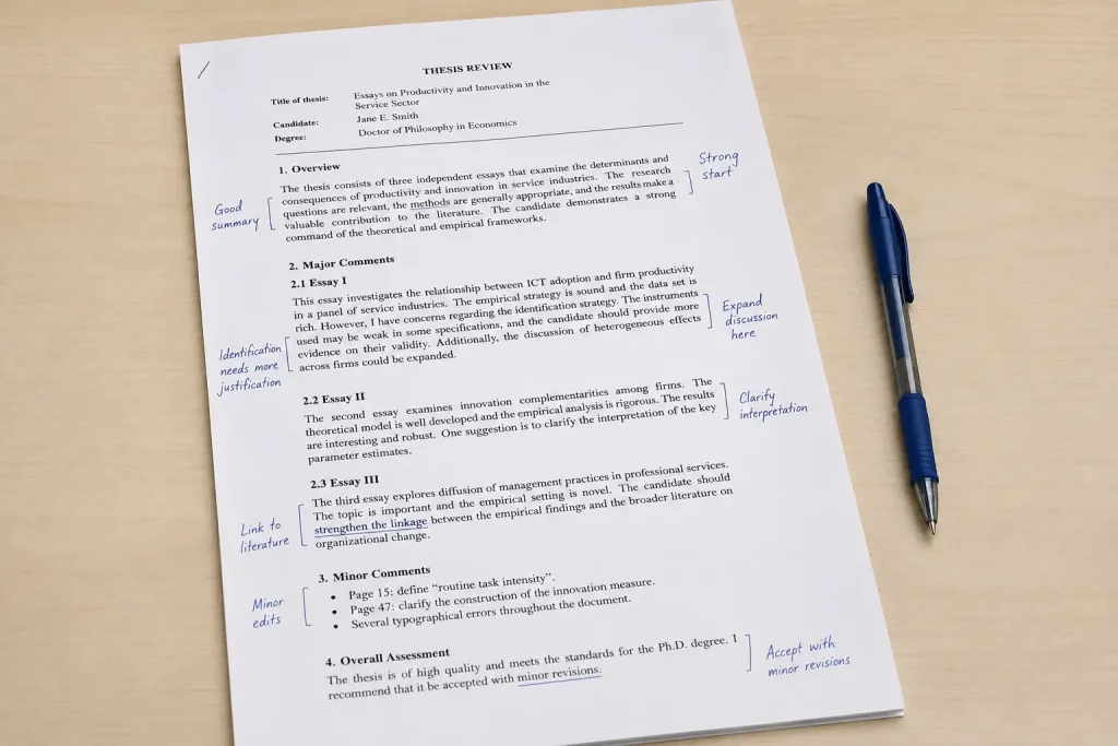 Wydrukowana recenzja pracy naukowej leżąca na biurku z odręcznymi notatkami studenta na marginesach, długopis leżący obok, jasne oświetlenie biurowe.