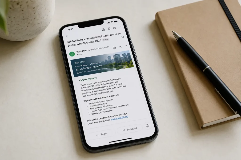 Smartfon leżący na stole z otwartą aplikacją poczty elektronicznej pokazującą powiadomienie o nowym newsletter ze słowami "Call for Papers" widocznym w podglądzie wiadomości, obok leżący notatnik z długopisem, miękkie naturalne oświetlenie.