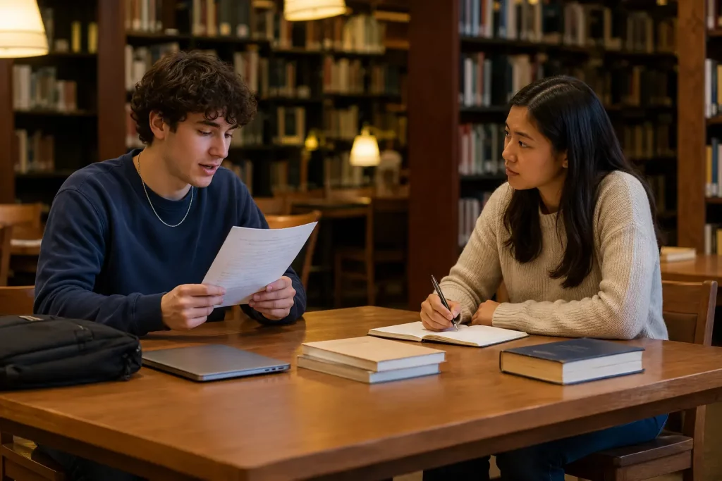 Dwoje studentów siedzących przy stole w bibliotece, jedno czyta tekst na głos z wydruku trzymanego w rękach, drugie słucha i robi notatki, ciepłe biblioteczne oświetlenie w tle regały z książkami. 