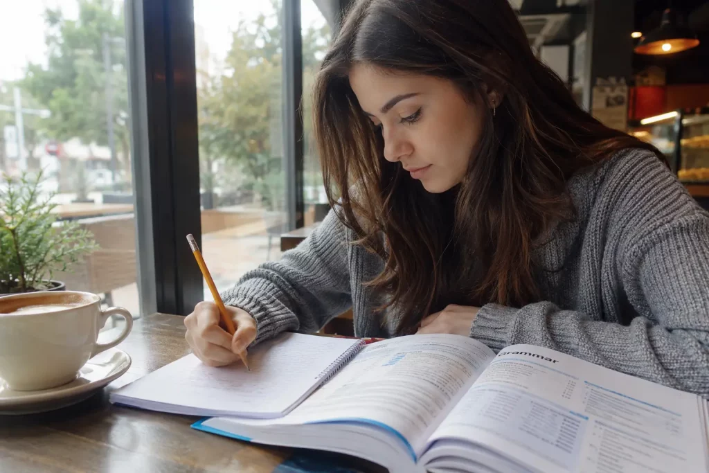 Studentka siedząca przy kawiarnianych stolikach z otwartym podręcznikiem do gramatyki, robiąca notatki ołówkiem z widocznym skupieniem na twarzy, jasne naturalne oświetlenie kawiarni, filiżanka kawy obok.