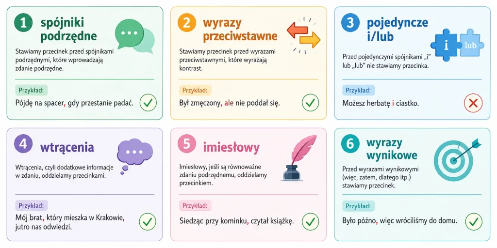 Sześć zasad stawiania przecinków w języku polskim.