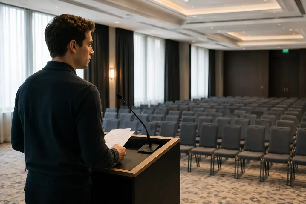 Młody mężczyzna stojący w pustej sali konferencyjnej i ćwiczący prezentację przed pustymi krzesłami, trzymający kartkę z notatkami i patrzący w dal, naturalne oświetlenie sali.