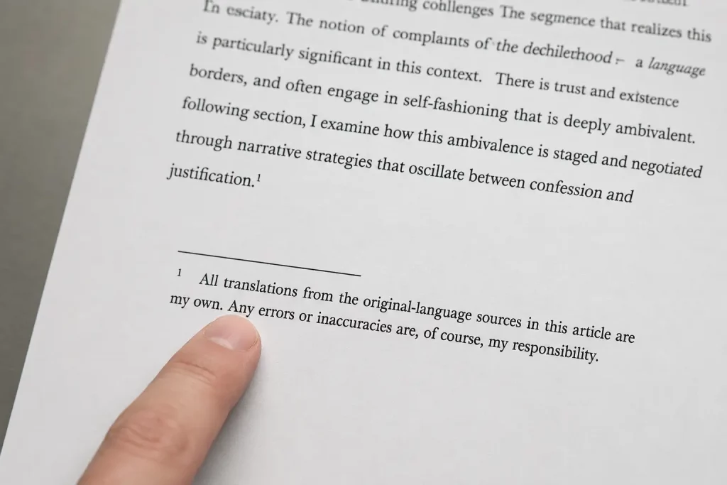 Zbliżenie na wydrukowaną stronę pracy naukowej z widocznym przypisem zawierającym adnotację tłumaczenia własnego, palec wskazujący na ten fragment tekstu, jasne biurowe oświetlenie.