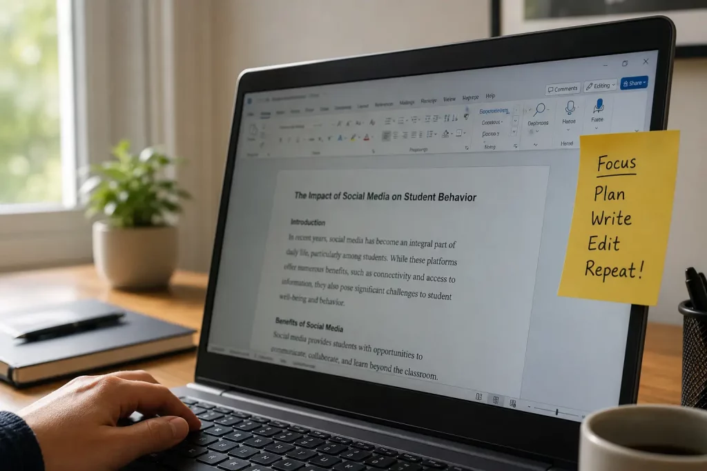 Biurko z karteczką samoprzylepną przyklejoną do monitora laptopa, na karteczce odręcznie napisane krótkie hasło motywacyjne, właściciel biurka siedzi i pisze, widoczna tylko dłoń i fragment ramienia, jasne naturalne oświetlenie.