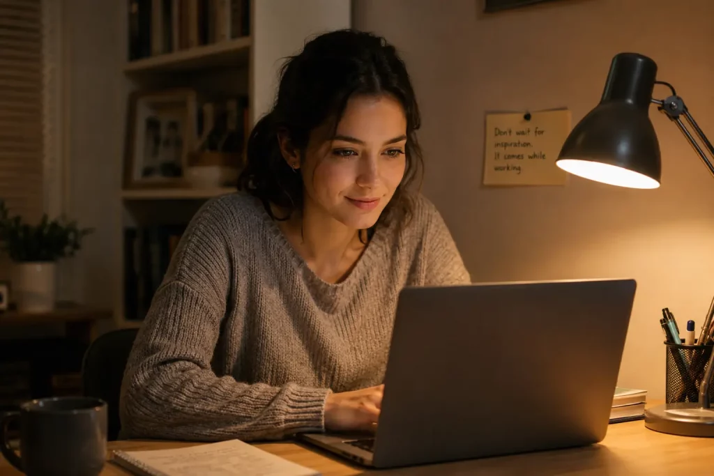 Młoda kobieta siedząca przy biurku z widocznym skupieniem i lekkim uśmiechem zadowolenia, patrzy na monitor laptopa, na ścianie za nią przyklejona kartka z napisem, ciepłe wieczorne oświetlenie biurka.