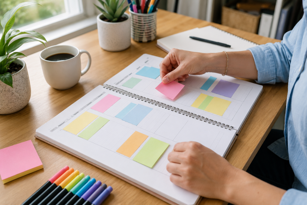 Tygodniowy planner papierowy z widocznymi blokami zadań i zaznaczonymi lukami buforowymi w różnych kolorach, długopis obok. 