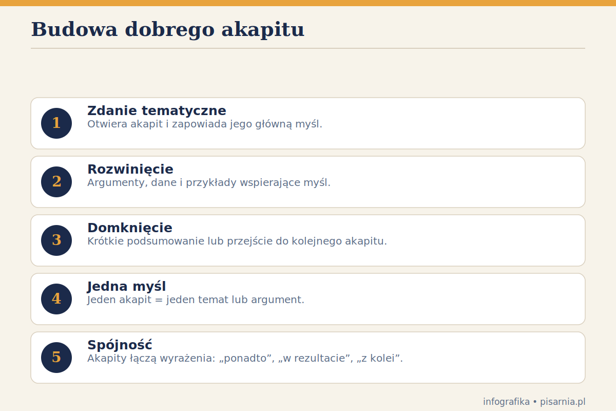 Budowa akapitu w tekście naukowym — infografika