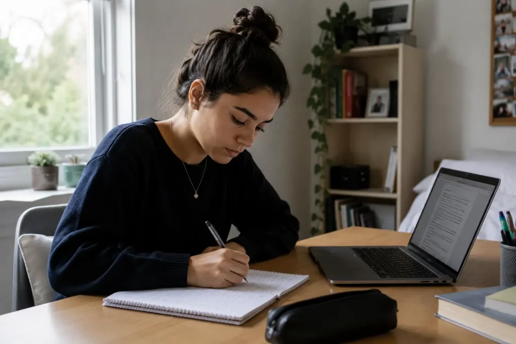 Studentka siedząca przy biurku i zapisująca cel badawczy pracy w notatniku, obok otwarty laptop z widocznym dokumentem tekstowym, skupiony wyraz twarzy, jasne naturalne oświetlenie z okna.