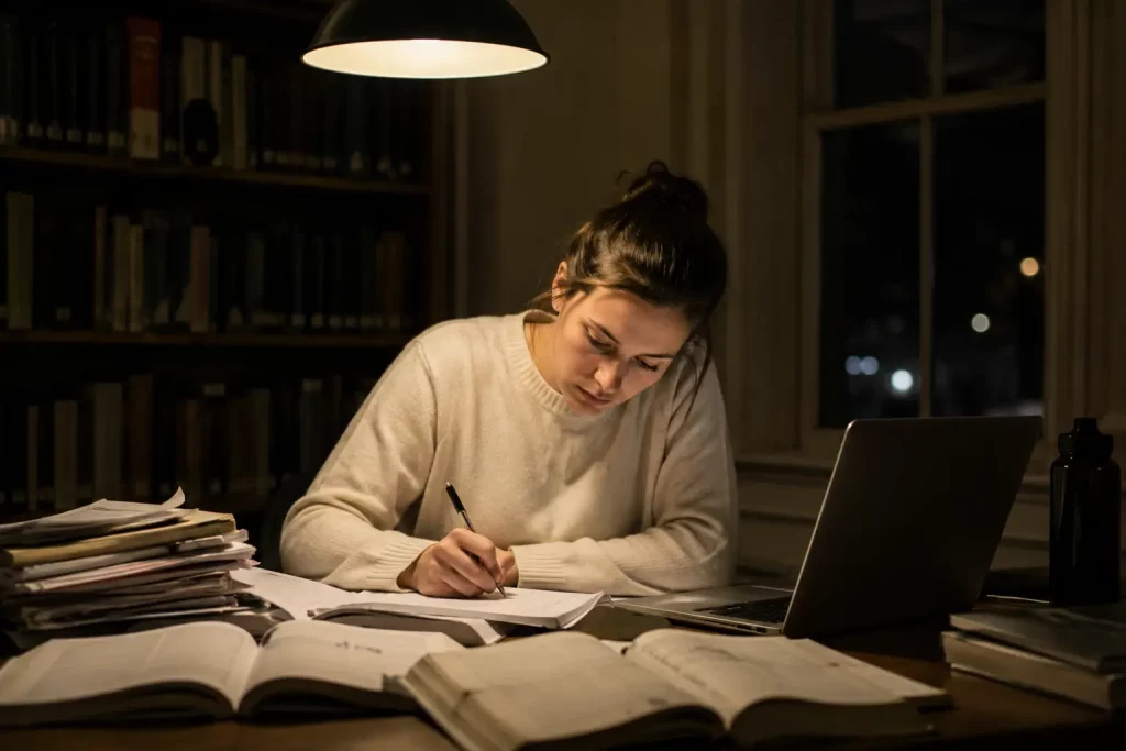 Doktorantka pracująca samotnie w jasnej sali bibliotecznej późnym wieczorem, otwarte książki i laptop przed nią, stos notatek, skupiony wyraz twarzy, ciepłe punktowe oświetlenie nad stolikiem, ciemność za oknem.