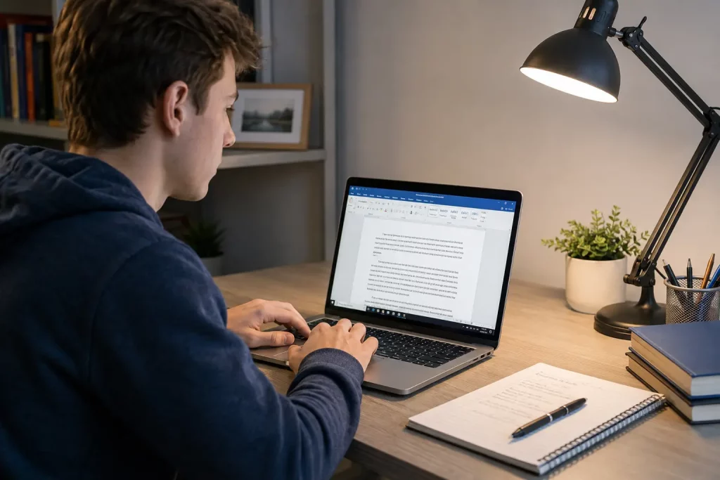 Student przy laptopie formatujący cytaty w dokumencie tekstowym, skupiony wyraz twarzy, widoczny ekran z otwartą pracą naukową i widoczną strukturą akapitów, jasne oświetlenie biurkowe.