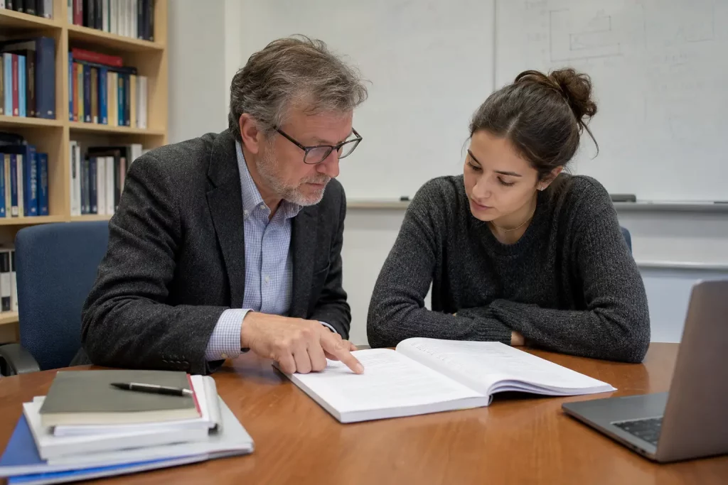 Promotor wskazujący na fragment wydrukowanego tekstu pracy dyplomowej, omawiający z doktorantką zasady cytowania, jasna sala seminaryjna, oboje skupieni na dokumencie.