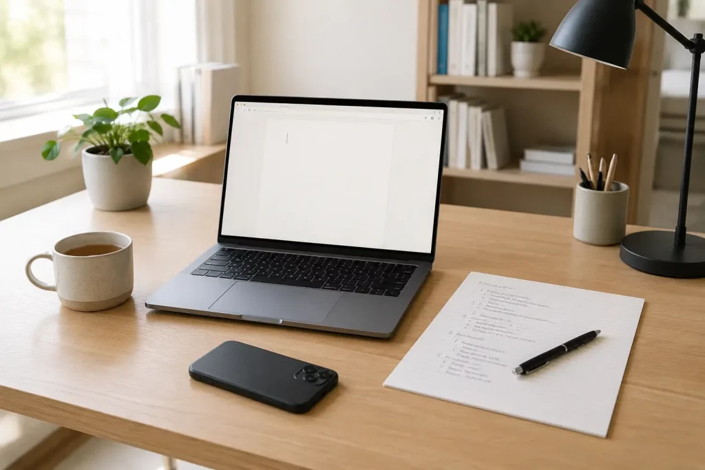 Laptop z otwartym minimalistycznym edytorem tekstu, obok papierowy konspekt, zamknięty telefon i filiżanka herbaty.