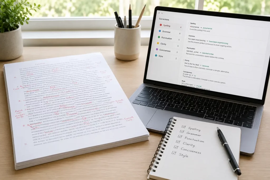 Wydrukowany tekst z odręcznymi poprawkami, laptop z panelem korekty językowej oraz lista kontrolna redakcji.