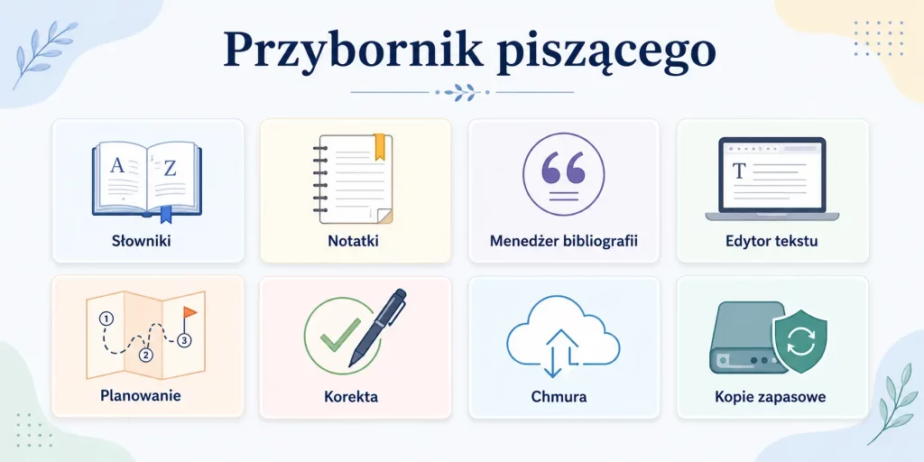 Przybornik piszącego – osiem kategorii narzędzi wspierających planowanie, pisanie, pracę ze źródłami, redakcję i bezpieczeństwo dokumentów.