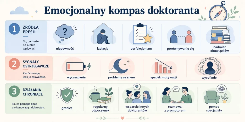 Emocjonalny kompas doktoranta: źródła obciążenia, sygnały ostrzegawcze i działania wspierające równowagę.