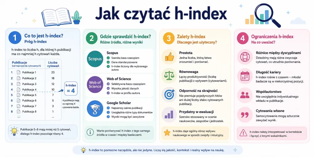 Jak czytać h-index: sposób obliczania, różnice między bazami, zalety, ograniczenia i zasady odpowiedzialnej interpretacji.
