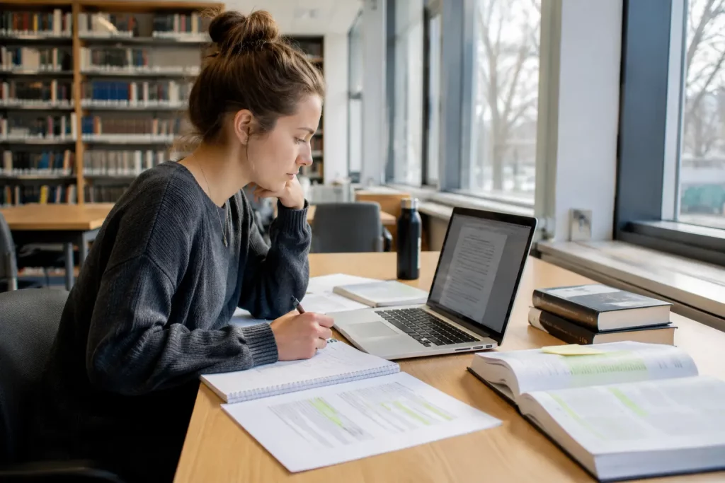 Studentka pracująca nad roboczą wersją tekstu na laptopie, obok konspekt, notatki i zaznaczone fragmenty źródeł.