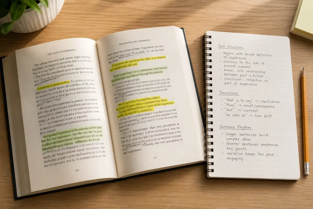 Otwarta książka z zaznaczonymi fragmentami, notes z obserwacjami o strukturze tekstu oraz ołówek.