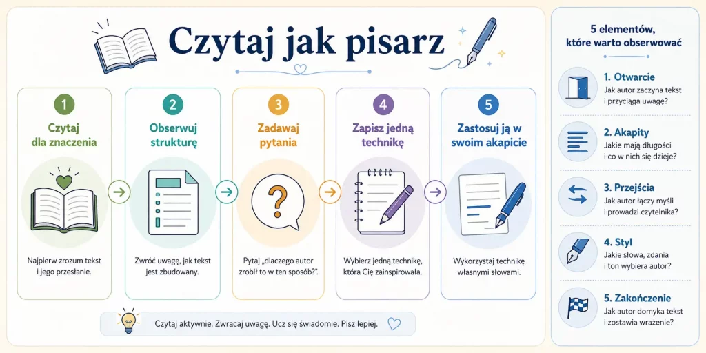 Czytaj jak pisarz: pięć etapów analitycznej lektury od obserwacji struktury do własnego ćwiczenia.