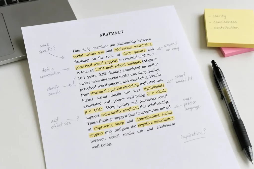 Wydrukowany abstrakt pracy naukowej leżący na biurku z widocznymi odręcznymi notatkami i zaznaczonymi fragmentami, długopis obok, jasne oświetlenie, czyste otoczenie biurowe.