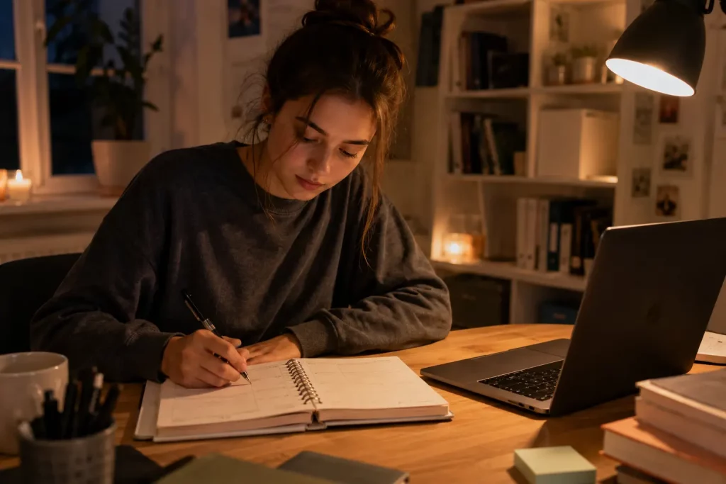 Studentka siedząca przy stole z otwartym papierowym tygodniowym plannerem i laptopem, pisze listę zadań na tydzień, skupiony wyraz twarzy, jasne wieczorne oświetlenie lampki.