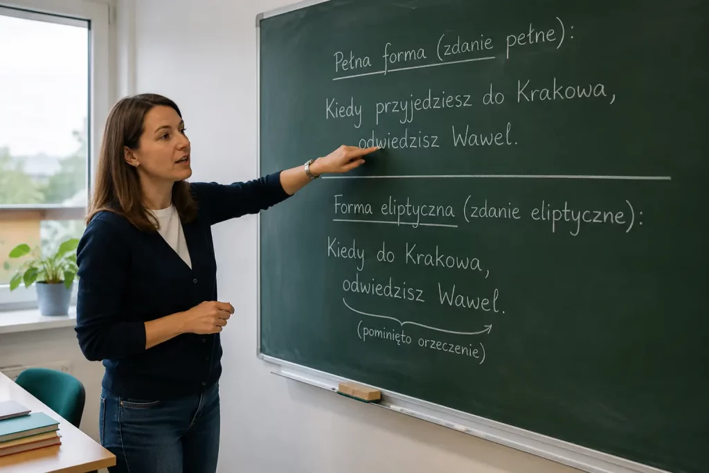 Tablica szkolna z zapisanym przykładem zdania eliptycznego i pełną wersją obok, nauczyciel wskazuje na różnicę, jasna sala lekcyjna.