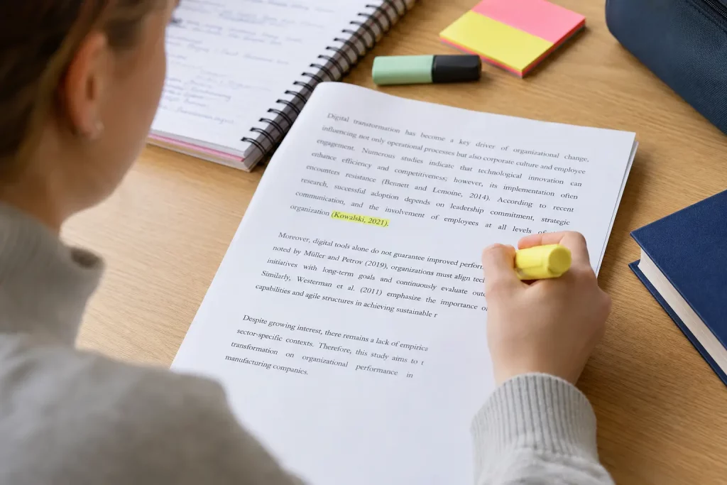 Student podkreślający odwołanie w nawiasie w wydrukowanym artykule naukowym, widoczny nawias (Autor, rok) na stronie, jasne oświetlenie.