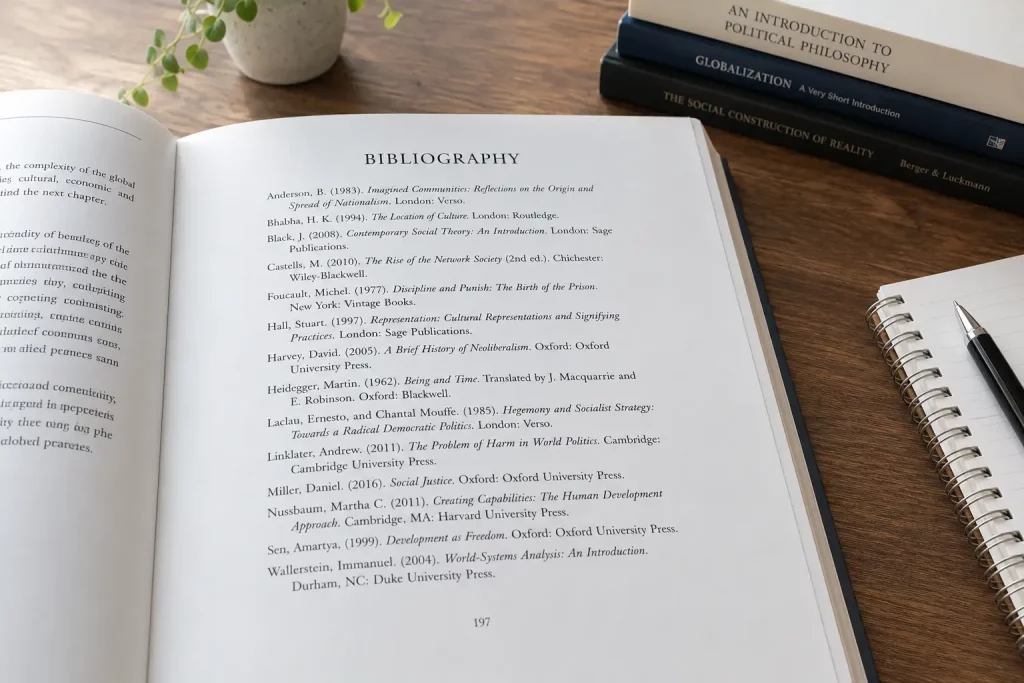 Otwarta praca naukowa z widoczną stroną bibliografii ułożonej alfabetycznie, wyraźna struktura wpisów, jasne oświetlenie. 