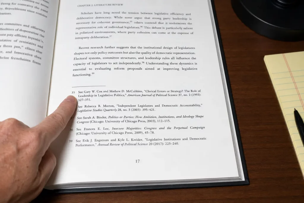  Otwarta praca naukowa na biurku z widocznymi przypisami dolnymi na stronie, palec wskazujący na numer przypisu, jasne biurowe oświetlenie. 