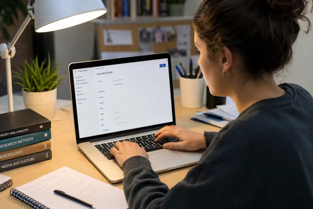Studentka przy laptopie zapisująca opis bibliograficzny artykułu naukowego, ekran z widoczną formatką cytowania, jasne oświetlenie biurkowe.