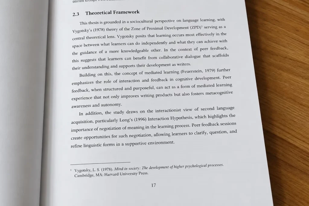Otwarta praca dyplomowa z widocznym przypisem dolnym na stronie, wyraźna struktura tekstu z numerem przypisu, jasne oświetlenie.