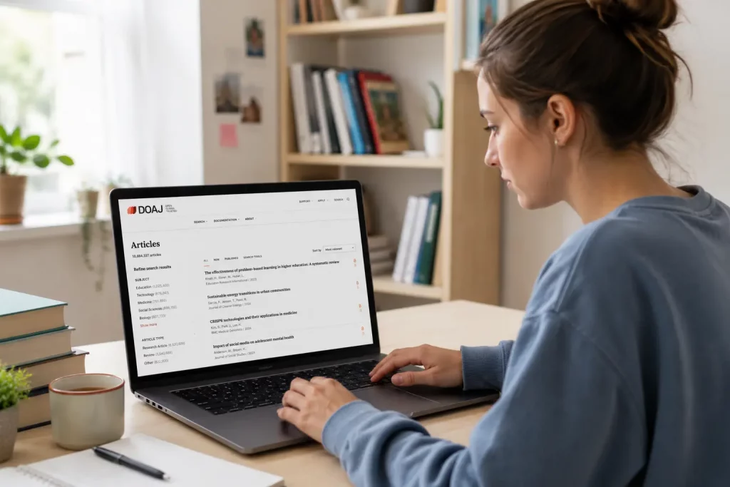 Kobieta pisząca uprzejmego e-maila do autora artykułu naukowego z prośbą o udostępnienie tekstu, ekran laptopa z otwartą wiadomością e-mail, jasne oświetlenie domowego biura.