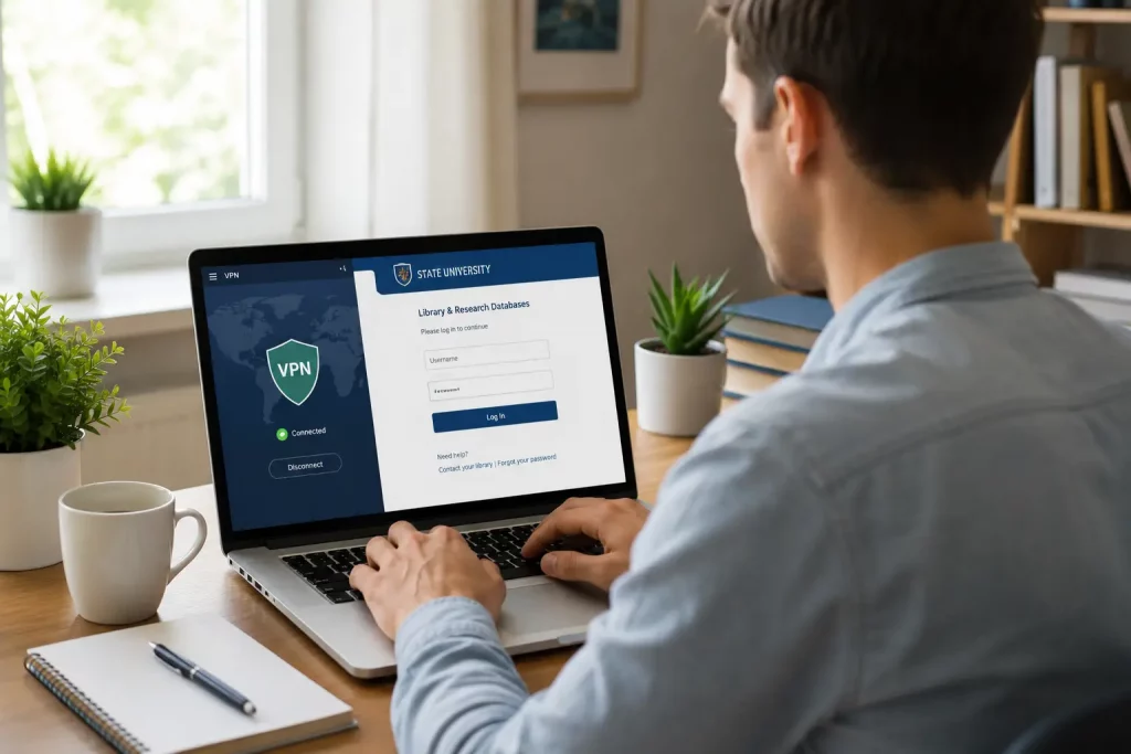 Mężczyzna logujący się do uczelnianej bazy danych przez VPN na ekranie laptopa, widoczny formularz logowania, domowe biurko, jasne naturalne oświetlenie.